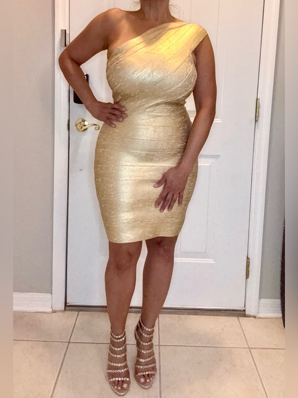 One-Shoulder Gold Bandage Dress